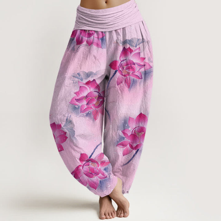 Buddha Stones Pantalon harem à taille élastique pour femme, motif lotus en coton - Prune - US16，UK/AU20，EU48 (3XL) - image 5