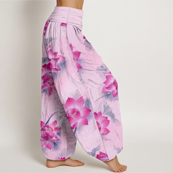 Buddha Stones Pantalon harem à taille élastique pour femme, motif lotus en coton - image 7