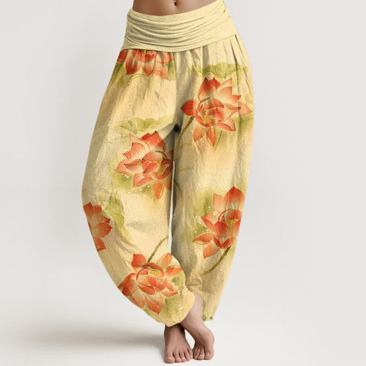 Buddha Stones Pantalon harem à taille élastique pour femme, motif lotus en coton - LemonChiffon - US16，UK/AU20，EU48 (3XL) - image 8