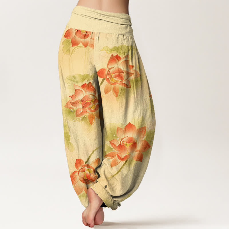 Buddha Stones Pantalon harem à taille élastique pour femme, motif lotus en coton - image 9