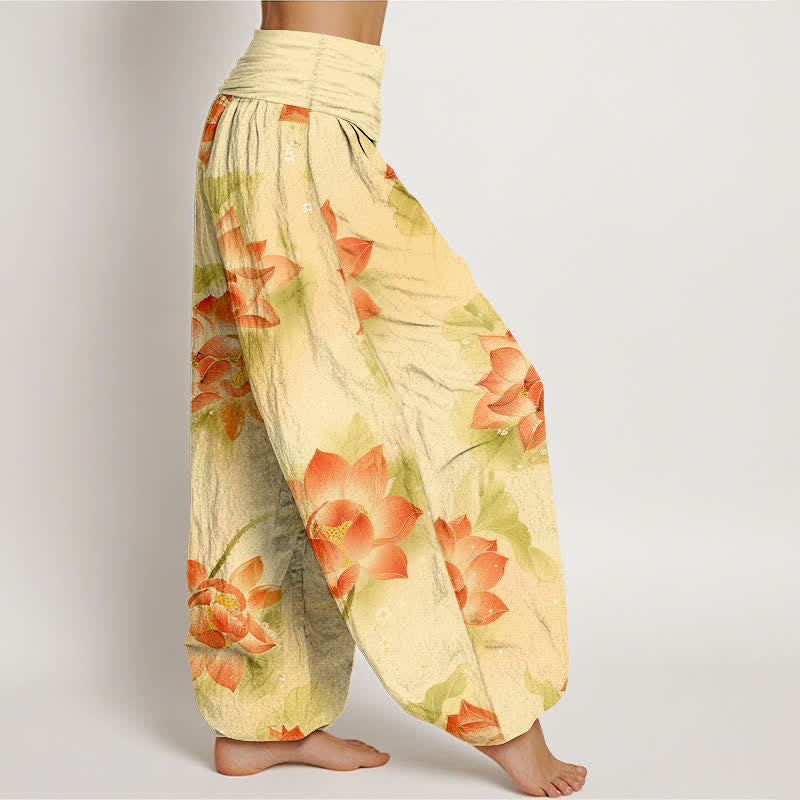 Buddha Stones Pantalon harem à taille élastique pour femme, motif lotus en coton - image 10