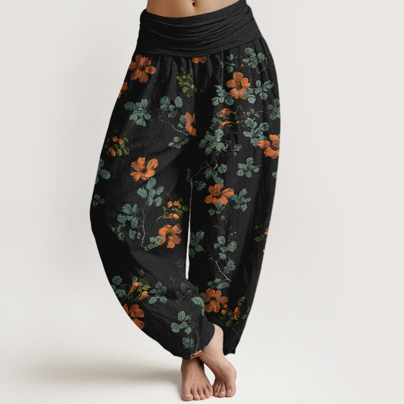 Buddha Stones Pantalon harem à taille élastique en coton orange à motif floral et feuilles pour femme - Noir - US16，UK/AU20，EU48 (3XL) - image 0