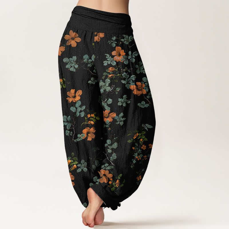 Buddha Stones Pantalon harem à taille élastique en coton orange à motif floral et feuilles pour femme - image 1