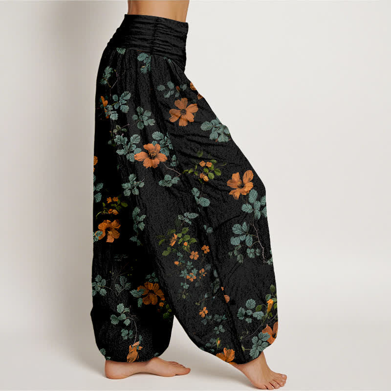 Buddha Stones Pantalon harem à taille élastique en coton orange à motif floral et feuilles pour femme - image 2