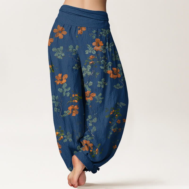 Buddha Stones Pantalon harem à taille élastique en coton orange à motif floral et feuilles pour femme - image 6