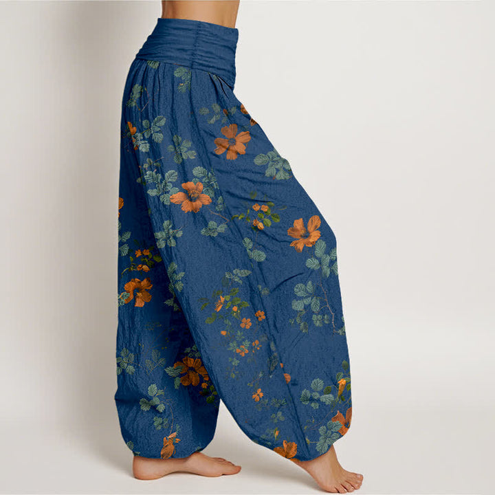 Buddha Stones Pantalon harem à taille élastique en coton orange à motif floral et feuilles pour femme - image 7