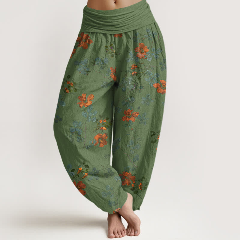 Buddha Stones Pantalon harem à taille élastique en coton orange à motif floral et feuilles pour femme - Vert foncé - US16，UK/AU20，EU48 (3XL) - image 8