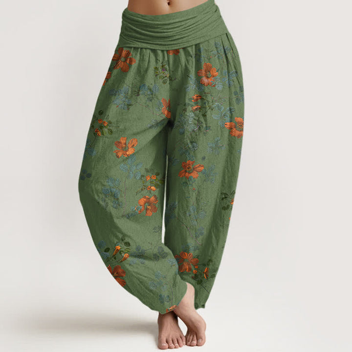 Buddha Stones Pantalon harem à taille élastique en coton orange à motif floral et feuilles pour femme - Vert foncé - US16，UK/AU20，EU48 (3XL) - image 8