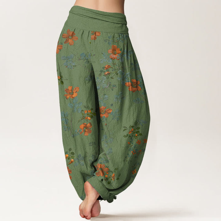 Buddha Stones Pantalon harem à taille élastique en coton orange à motif floral et feuilles pour femme - image 9
