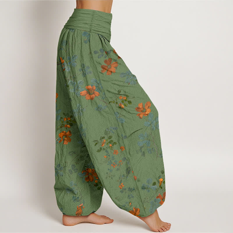 Buddha Stones Pantalon harem à taille élastique en coton orange à motif floral et feuilles pour femme - image 10