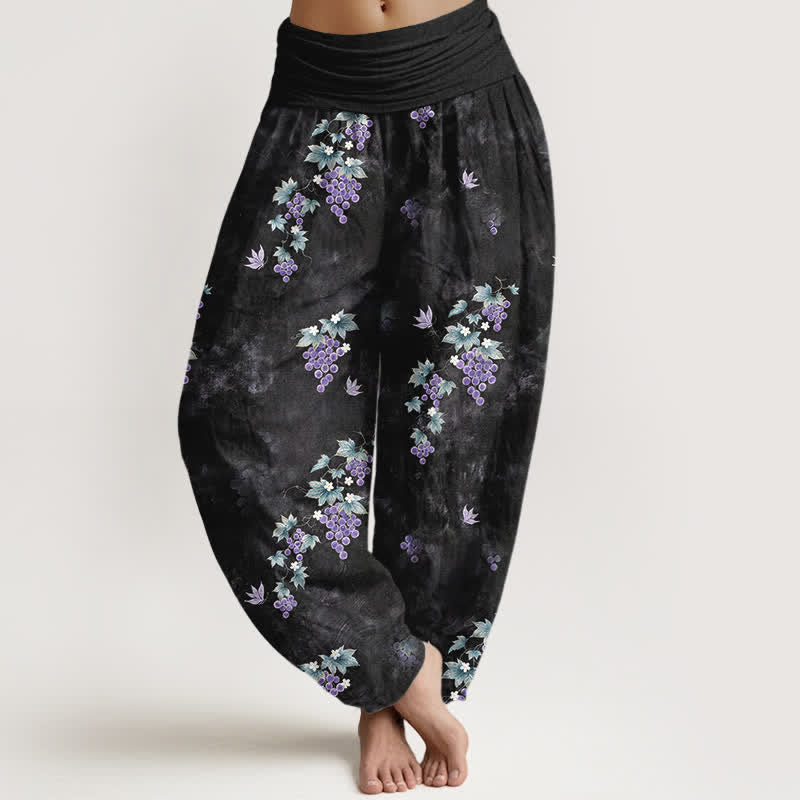 Buddha Stones Pantalon harem à taille élastique pour femme, en coton à motif de vigne vintage - Noir - US16，UK/AU20，EU48 (3XL) - image 0