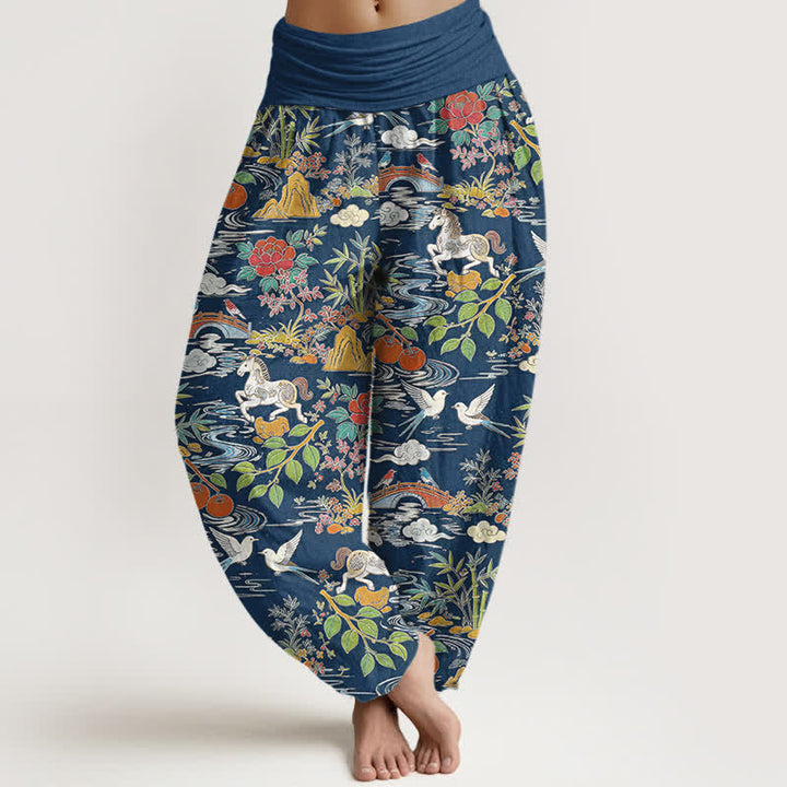Buddha Stones Pantalon harem à taille élastique pour femme, en coton, à motif floral, cheval et oiseaux. - Marine - US16，UK/AU20，EU48 (3XL) - image 0
