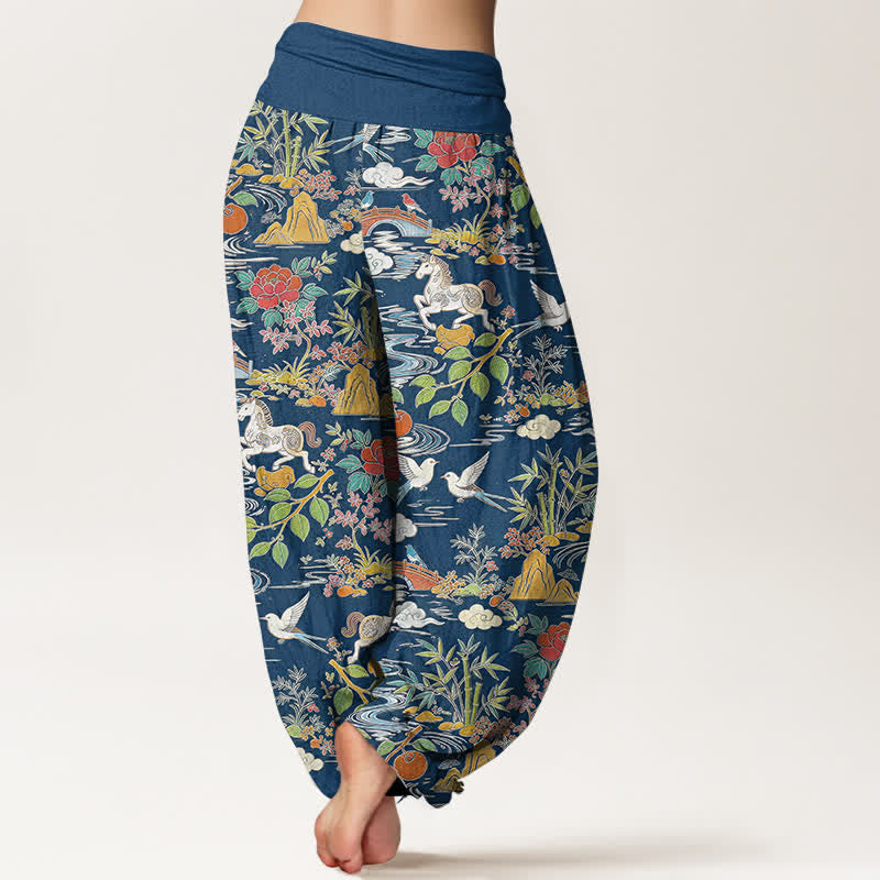 Buddha Stones Pantalon harem à taille élastique pour femme, en coton, à motif floral, cheval et oiseaux. - image 1