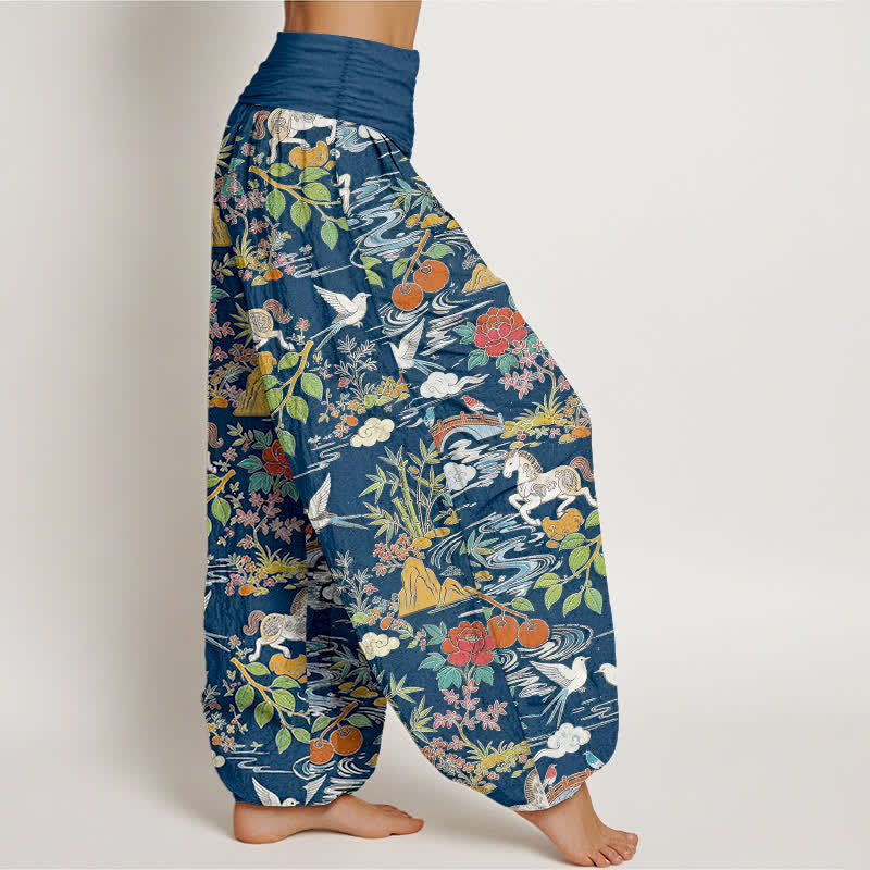 Buddha Stones Pantalon harem à taille élastique pour femme, en coton, à motif floral, cheval et oiseaux. - image 2