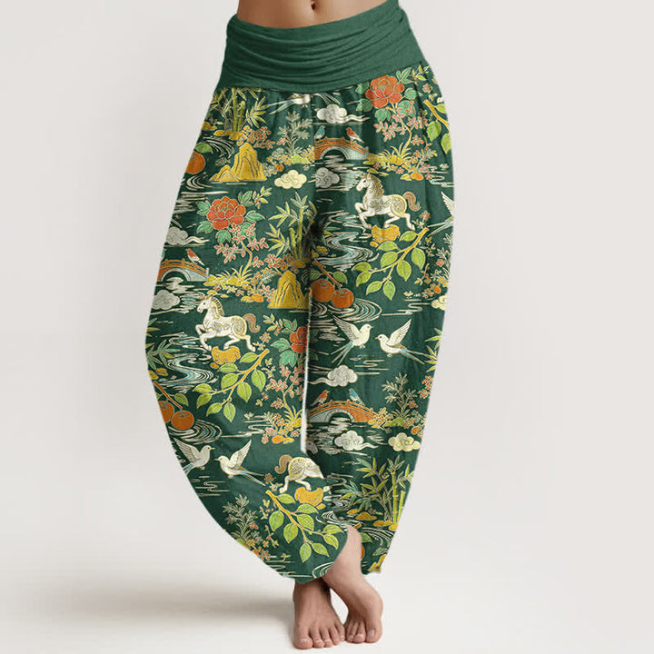 Buddha Stones Pantalon harem à taille élastique pour femme, en coton, à motif floral, cheval et oiseaux. - Vert forêt - US16，UK/AU20，EU48 (3XL) - image 5