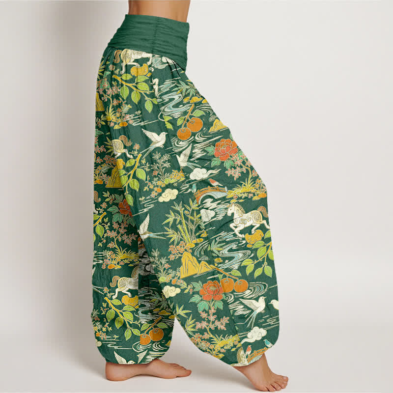 Buddha Stones Pantalon harem à taille élastique pour femme, en coton, à motif floral, cheval et oiseaux. - image 7