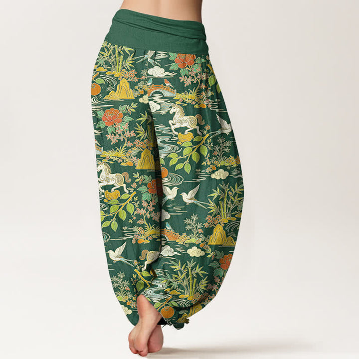 Buddha Stones Pantalon harem à taille élastique pour femme, en coton, à motif floral, cheval et oiseaux. - image 6