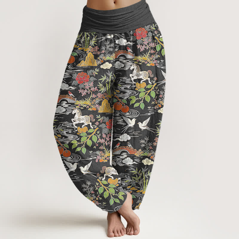 Buddha Stones Pantalon harem à taille élastique pour femme, en coton, à motif floral, cheval et oiseaux. - Gris sombre - US16，UK/AU20，EU48 (3XL) - image 8