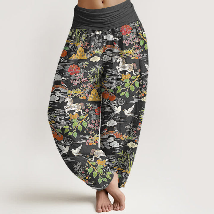 Buddha Stones Pantalon harem à taille élastique pour femme, en coton, à motif floral, cheval et oiseaux. - Gris sombre - US16，UK/AU20，EU48 (3XL) - image 8