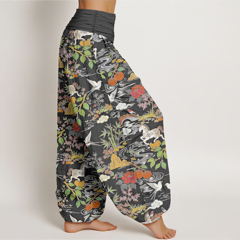 Buddha Stones Pantalon harem à taille élastique pour femme, en coton, à motif floral, cheval et oiseaux. - image 10
