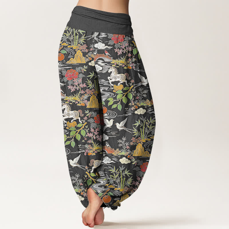 Buddha Stones Pantalon harem à taille élastique pour femme, en coton, à motif floral, cheval et oiseaux. - image 9