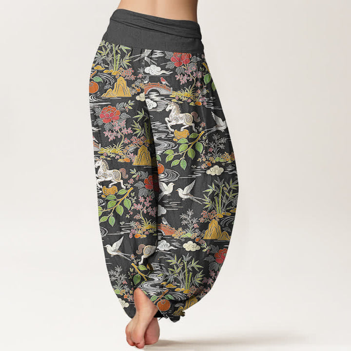 Buddha Stones Pantalon harem à taille élastique pour femme, en coton, à motif floral, cheval et oiseaux. - image 9