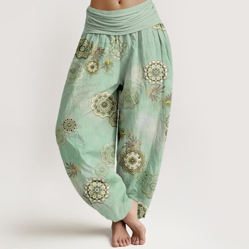 Buddha Stones Pantalon harem pour femme en pur coton à motif mandala floral et feuilles, taille élastique - Vert printanier moyen - US16，UK/AU20，EU48 (3XL) - image 0