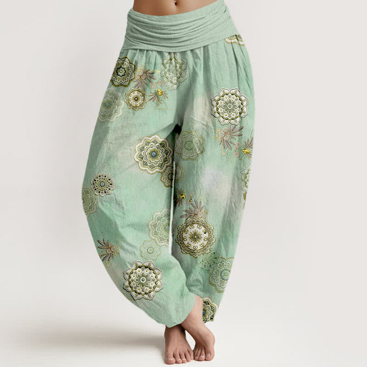 Buddha Stones Pantalon harem pour femme en pur coton à motif mandala floral et feuilles, taille élastique - Vert printanier moyen - US16，UK/AU20，EU48 (3XL) - image 0
