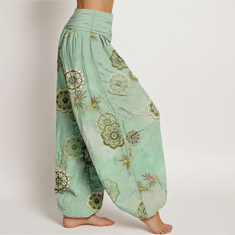 Buddha Stones Pantalon harem pour femme en pur coton à motif mandala floral et feuilles, taille élastique - image 2