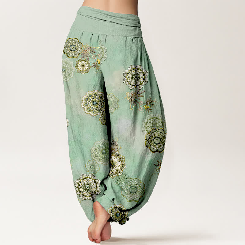 Buddha Stones Pantalon harem pour femme en pur coton à motif mandala floral et feuilles, taille élastique - image 1