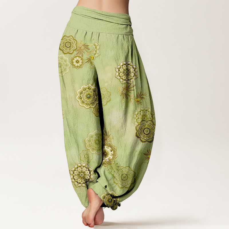 Buddha Stones Pantalon harem pour femme en pur coton à motif mandala floral et feuilles, taille élastique - image 6