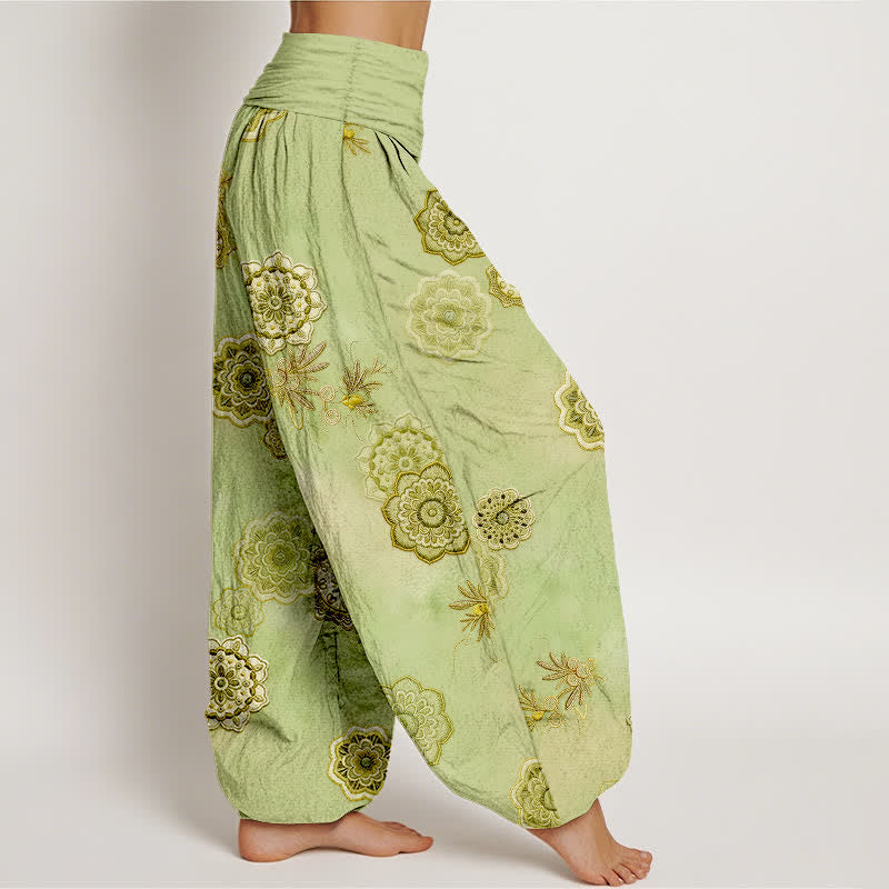 Buddha Stones Pantalon harem pour femme en pur coton à motif mandala floral et feuilles, taille élastique - image 7