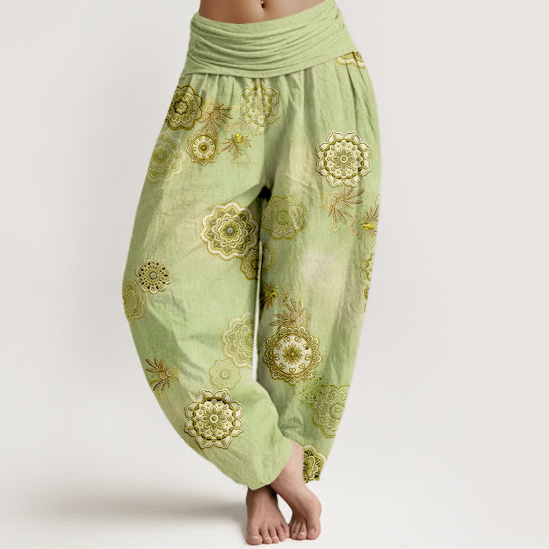 Buddha Stones Pantalon harem pour femme en pur coton à motif mandala floral et feuilles, taille élastique - VertJaune - US16，UK/AU20，EU48 (3XL) - image 5
