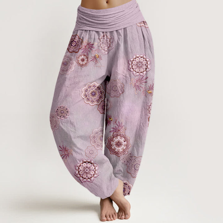 Buddha Stones Pantalon harem pour femme en pur coton à motif mandala floral et feuilles, taille élastique - Lavande - US16，UK/AU20，EU48 (3XL) - image 8