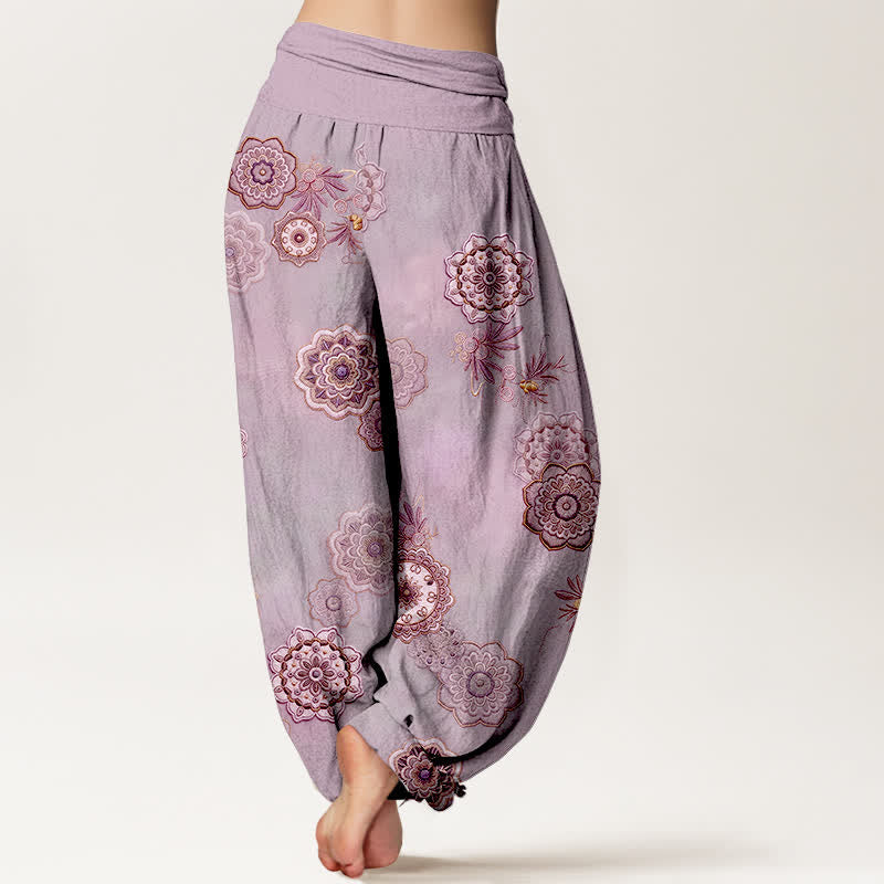 Buddha Stones Pantalon harem pour femme en pur coton à motif mandala floral et feuilles, taille élastique - image 9