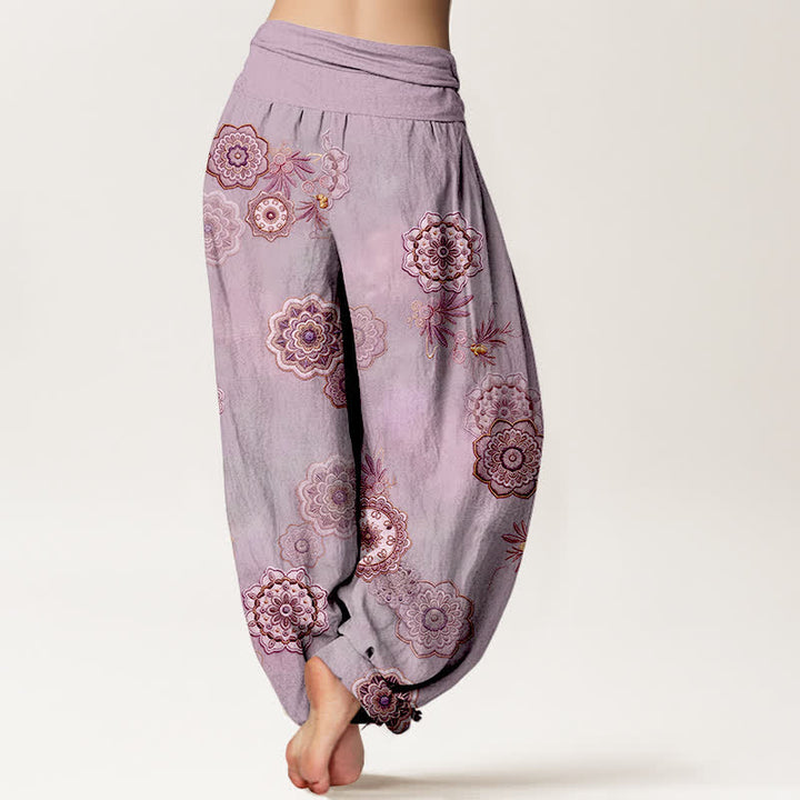Buddha Stones Pantalon harem pour femme en pur coton à motif mandala floral et feuilles, taille élastique - image 9
