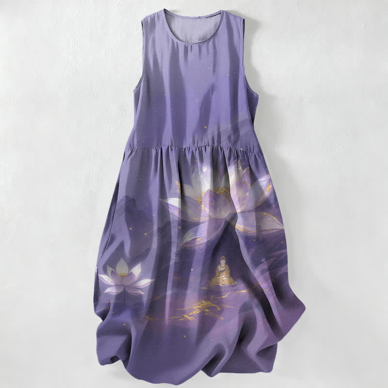 Buddha Stones Robe midi d'été décontractée pour femme, sans manches, avec poches, motif lotus et bouddha et accents dorés - Violet moyen - US16，UK/AU20，EU48 (3XL) - image 0
