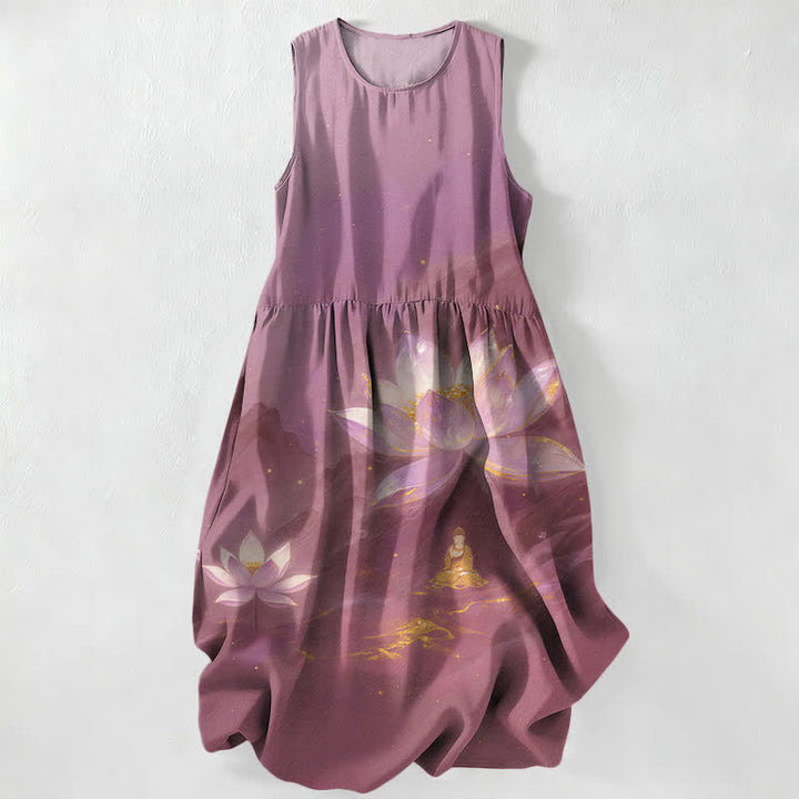 Buddha Stones Robe midi d'été décontractée pour femme, sans manches, avec poches, motif lotus et bouddha et accents dorés - Prune - US16，UK/AU20，EU48 (3XL) - image 4