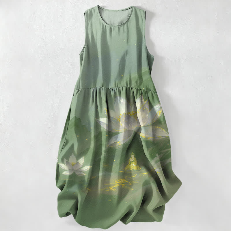 Buddha Stones Robe midi d'été décontractée pour femme, sans manches, avec poches, motif lotus et bouddha et accents dorés - Vert foncé - US16，UK/AU20，EU48 (3XL) - image 5