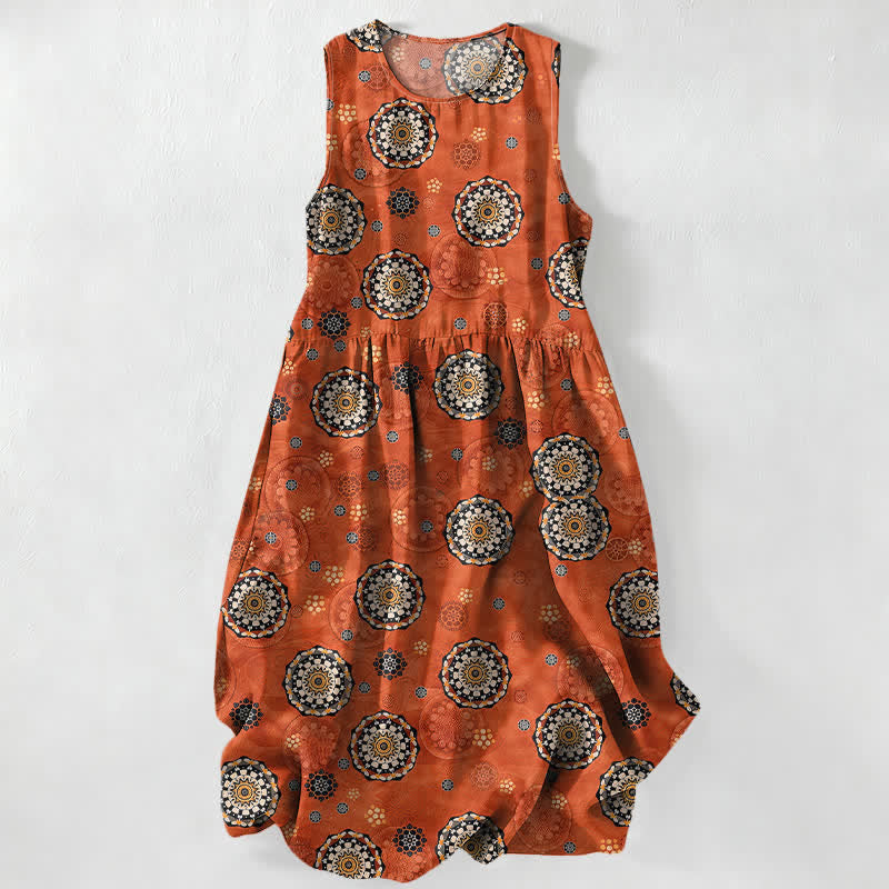 Buddha Stones Robe midi d'été décontractée de style bohème, ornée d'un motif mandala et de médaillons, avec poches. - Orange foncé - US16，UK/AU20，EU48 (3XL) - image 0