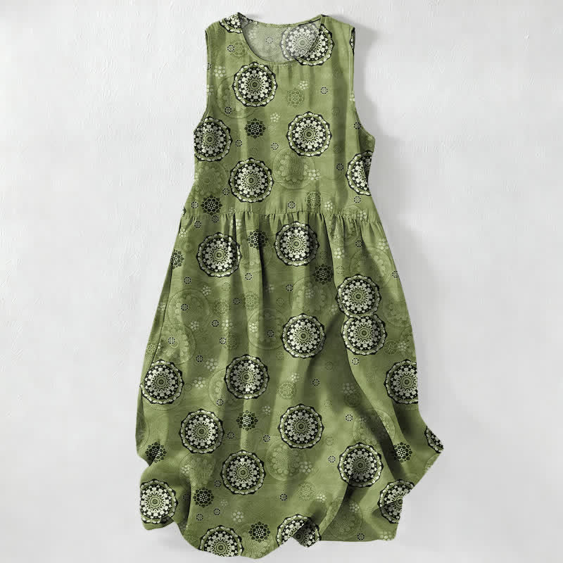 Buddha Stones Robe midi d'été décontractée de style bohème, ornée d'un motif mandala et de médaillons, avec poches. - Vert olive - US16，UK/AU20，EU48 (3XL) - image 4
