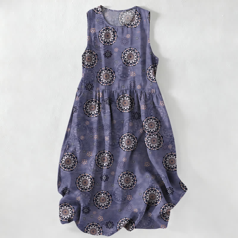 Buddha Stones Robe midi d'été décontractée de style bohème, ornée d'un motif mandala et de médaillons, avec poches. - Violet moyen - US16，UK/AU20，EU48 (3XL) - image 5