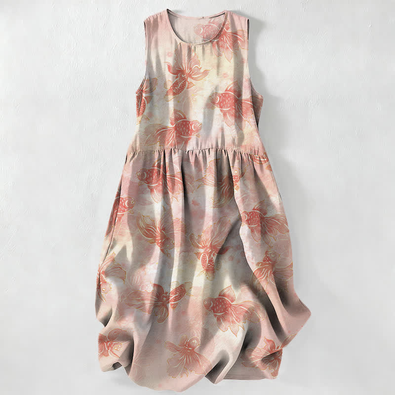 Buddha Stones Robe midi d'été décontractée pour femme, à motif de poissons rouges et de carpes koï, avec poches - MistyRose - US16，UK/AU20，EU48 (3XL) - image 0