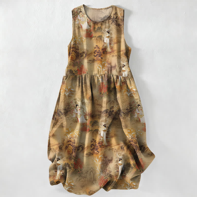 Buddha Stones Robe midi d'été décontractée pour femme, à motif paysage oriental, sans manches et avec poches - Tanné - US16，UK/AU20，EU48 (3XL) - image 0
