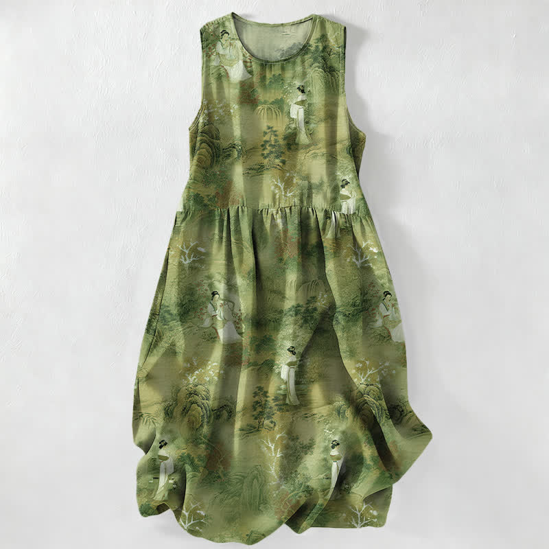 Buddha Stones Robe midi d'été décontractée pour femme, à motif paysage oriental, sans manches et avec poches - Vert olive - US16，UK/AU20，EU48 (3XL) - image 5