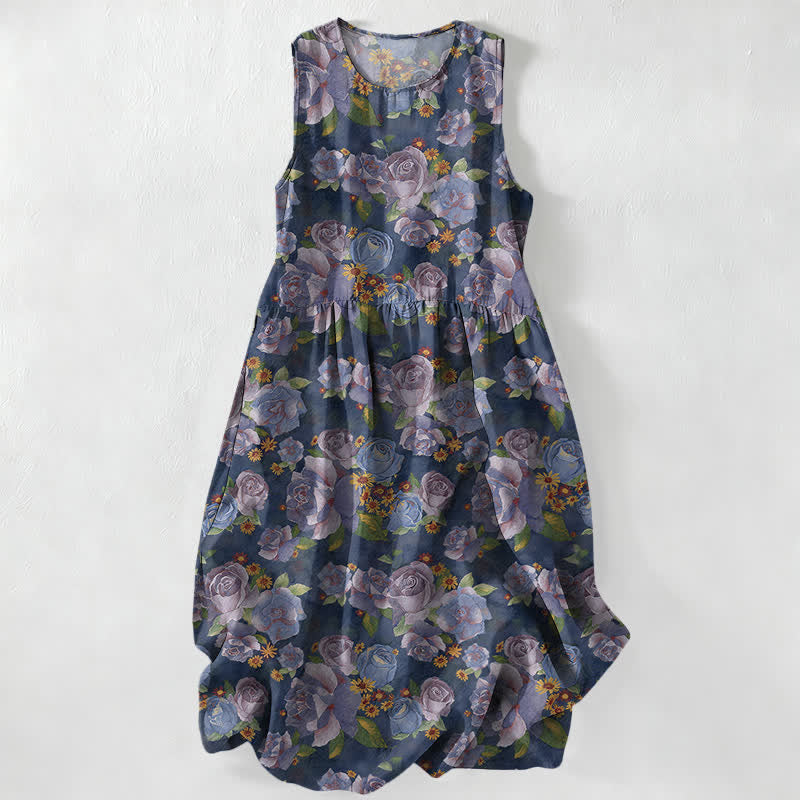 Buddha Stones Robe midi d'été décontractée pour femme, à motif floral rose vintage et sans manches, avec poches - Marine - US16，UK/AU20，EU48 (3XL) - image 0