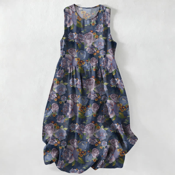 Buddha Stones Robe midi d'été décontractée pour femme, à motif floral rose vintage et sans manches, avec poches - Marine - US16，UK/AU20，EU48 (3XL) - image 0