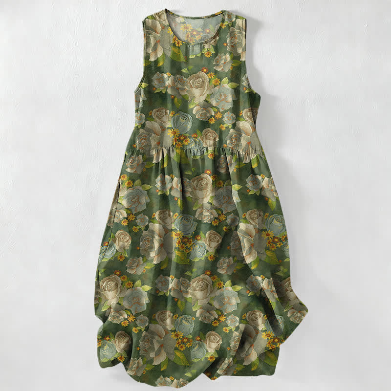 Buddha Stones Robe midi d'été décontractée pour femme, à motif floral rose vintage et sans manches, avec poches - Olive - US16，UK/AU20，EU48 (3XL) - image 4