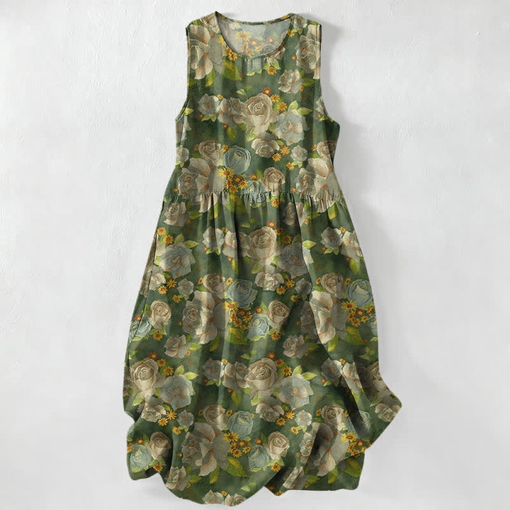 Buddha Stones Robe midi d'été décontractée pour femme, à motif floral rose vintage et sans manches, avec poches - Olive - US16，UK/AU20，EU48 (3XL) - image 4