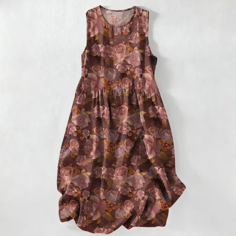 Buddha Stones Robe midi d'été décontractée pour femme, à motif floral rose vintage et sans manches, avec poches - Terre de sienne - US16，UK/AU20，EU48 (3XL) - image 5